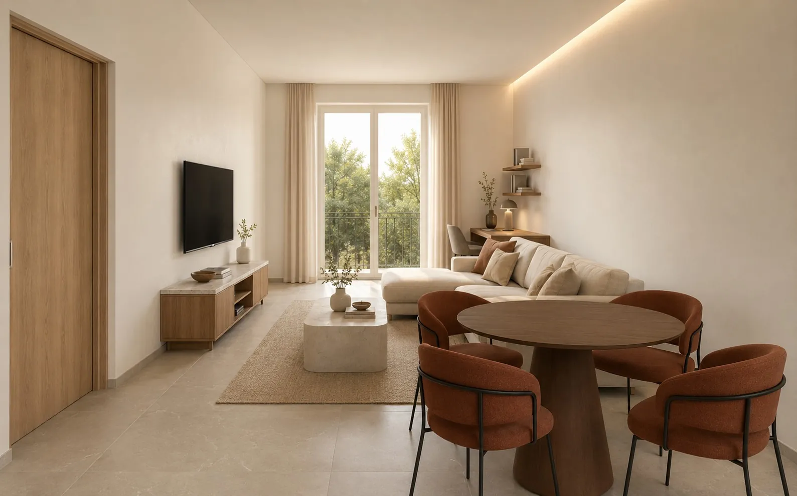Render del soggiorno: divano angolare, tavolo da pranzo rotondo e portafinestra sul verde